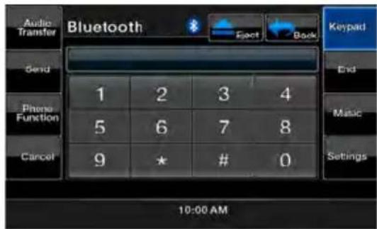 Audio Transfer Bluetooth Send Phone Function Cancel 1 2 3 4 5 6 7 8 9 ★ # 0 10:00 AM Keypad End Music Settings