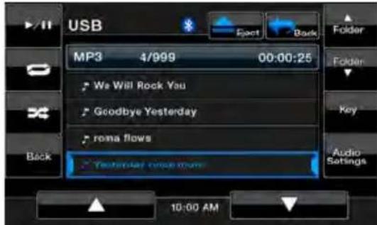 USB MP3 4/999 00:00:25 We Will Rock You Goodbye Yesterday roma flows Yesterday once more Back Folder Key Audio Settings 10:00 AM