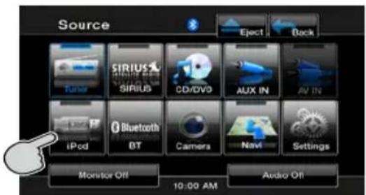 Source Eject Back Tuner SIRIUS SIRIUS CD/DVD AUX IN AI 174 iPod Bluetooth DT Camera Navi Settings Monitor Off 10:00 AM Audio Off