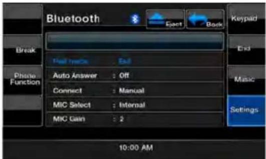 Bluetooth Full Type: Out Auto Answer : Off Connect : Manual MIC Select : Internal MIC Gain : 2 10:00 AM