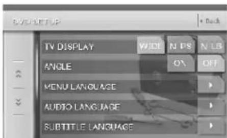 DVD SET UP TV DISPLAY WIDE N PS N LB ANGLE O\ OFF MENU LANGUAGE AUDIO LANGUAGE SUBTITLE LANGUAGE