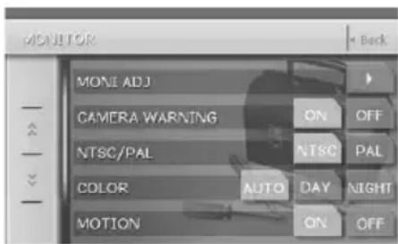 MONITOR MONE ADJ CAMERA WARNING NTSC/PAL COLOR AUTO DAY NIGHT MOTION ON OFF NTSC PAL ON OFF