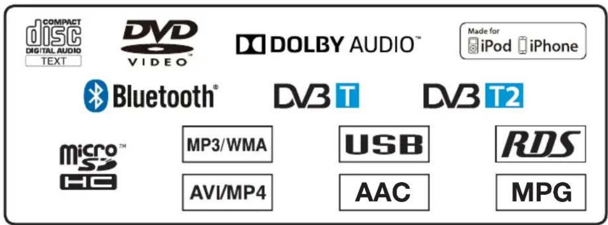 COMPACT disc DIGITAL AUDIO TEXT DVD VIDEO™ DOLBY AUDIO™ Made for iPod iPhone Bluetooth® DV3 T DV3 T2 micro™ MP3/WMA USB RDS AVI/MP4 AAC MPG