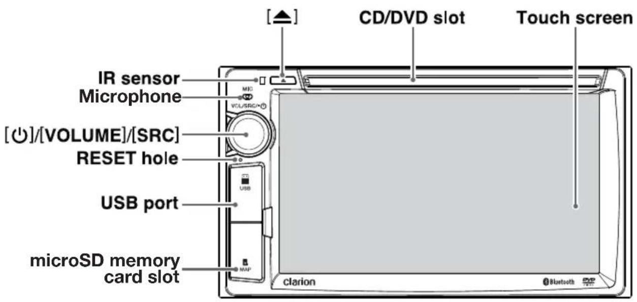 CD/DVD slot Touch screen IR sensor Microphone MIC VOL/SRC/ [○]/[VOLUME]/[SRC] RESET hole USB port microSD memory card slot clarion Bluetooth
