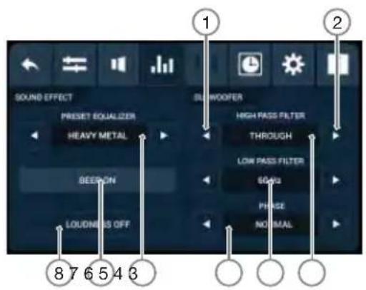 SOUND EFFECT PRESET EQUALIZER HEAVY METAL BEEDON LOUDNESS OFF 1 2 HIGH PASS FILTER THROUGH LOW PASS FILTER SOYA PHASE NO EIMAL 8 7 6 5 4 3