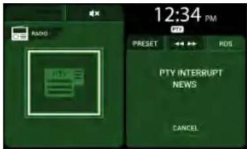RADIO 12:34 PM PTS PRESET ↔ ↔ PDS PTY INTERRUPT NEWS CANCEL