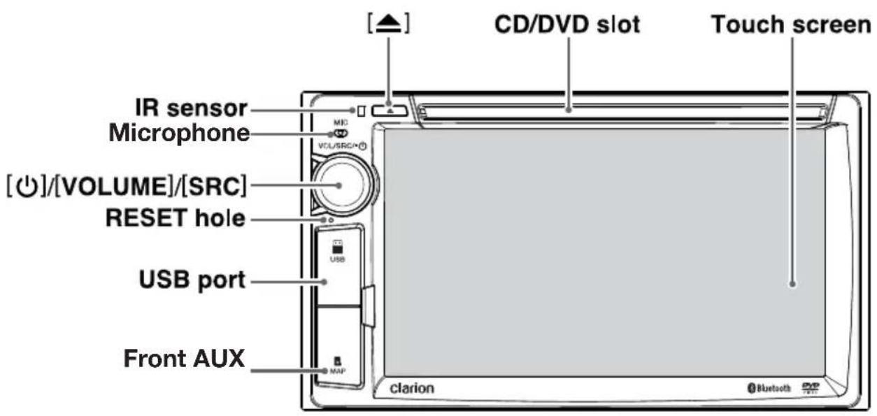 CD/DVD slot Touch screen IR sensor Microphone MIC VOL/SRC/ [○]/[VOLUME]/[SRC] RESET hole USB port Front AUX clarion Bluetooth
