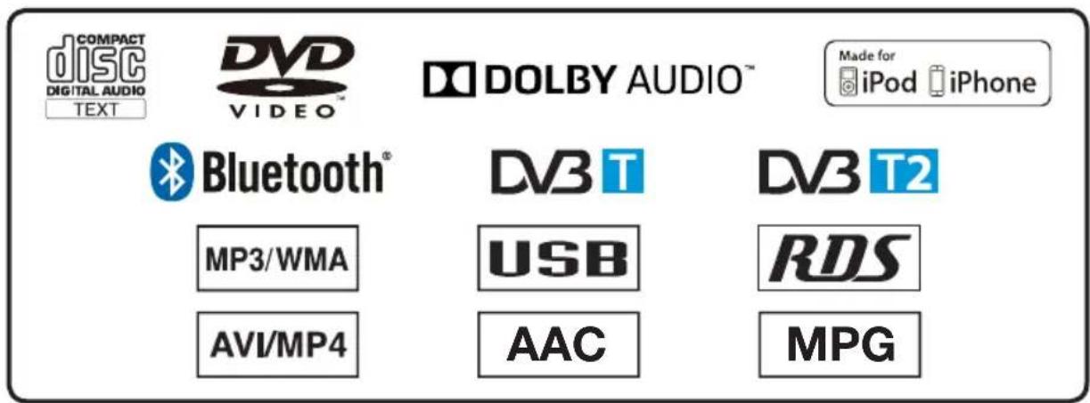 COMPACT DISC DIGITAL AUDIO TEXT DVD VIDEO™ DOLBY AUDIO™ Made for iPod iPhone Bluetooth® DV3 T DV3 T2 MP3/WMA USB RDS AVI/MP4 AAC MPG