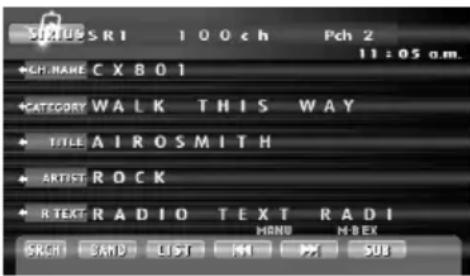 SUSIUS R1 100ch Pch 2 11:05 a.m. +CH NAME C X B 0 1 +CATEGORY WALK THIS WAY + TITLE AI ROSMITH + ARTIST ROCK + R TEXT RADIO TEXT RADI HAND M-BOX BACK SAND LIST 44 52 SOL