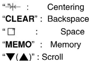 "← : Centering "CLEAR": Backspace "□ : Space "MEMO": Memory "▼(▲)": Scroll