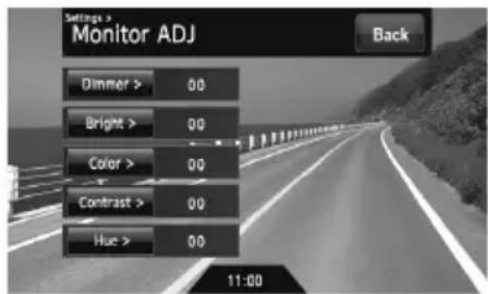 Settings > Monitor ADJ Dimmer > 00 Bright > 00 Color > 00 Contrast > 00 Hue > 00 Back 11:00