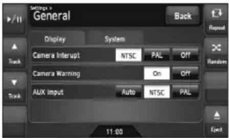 Settings * General Back Display System Camera Interrupt NTSC PAL Off Camera Warning On Off Aux Input Auto NTSC PAL 11:00 Repeat Random Eject