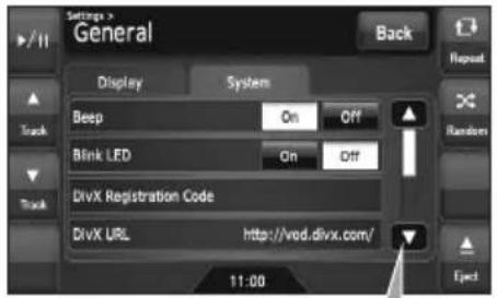 Settings * General Back Display System Beep On Off Blink LED On Off DivX Registration Code DivX URL http://vod.divx.com/ 11:00 Repeat Random Eject