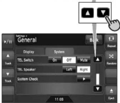 Settings > General Display System TEL Switch On Off Mute TEL Speaker Left Right System Check 11:00 Back Repeat Random Eject