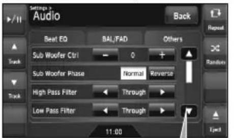 Settings > Audio Beat EQ BAL/FAD Others Sub Woofer Ctrl 0 + Sub Woofer Phase Normal Reverse High Pass Filter Through Low Pass Filter Through 11:00 Back Repeat Random Eject