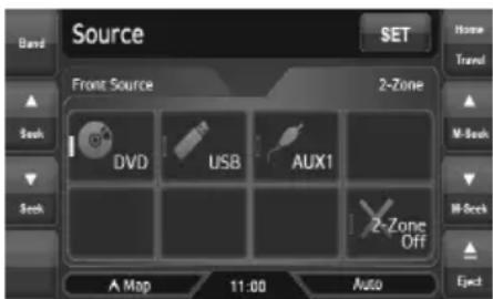 Source Band SET Home Travel Front Source 2-Zone DVD USB AUX1 2-Zone Off Ask Ask M-Book M-Book Map 11:00 Auto Eject