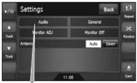 Settings Audio General Monitor ADJ Monitor Off Antenna Auto Down 11:00 Back Repeat Random Track Track Exact
