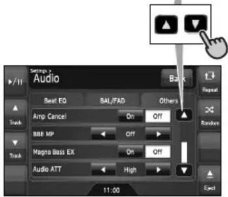 Settings > Audio Beat EQ BAL/FAD Others Amp Cancel On Off BEE MP Off Magna Bass EX On Off Audio ATT High 11:00