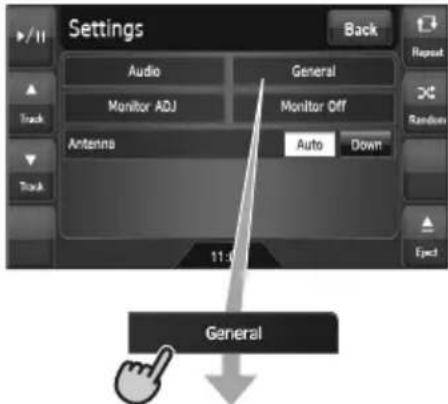 Settings Audio Monitor ADJ Antenna 11:00 Back General General Monitor Off Auto Down Repeat Random Eject