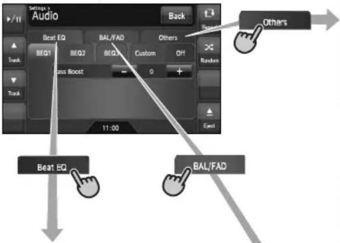 Settings Audio Back Beat EQ BAL/FAD Others BEQ1 BEQ2 BEQ3 Custom Off Random Track Pass Boost - 0 + Track 11:00 Beat EQ BAL/FAD