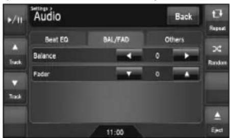 Settings > Audio Back Beat EQ BAL/FAD Others Balance 0 Fader 0 11:00 Repeat Track Random Track Exact