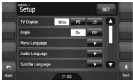 Options > Setup SET TV Display Wide PS LB Angle On OFF Menu Language Audio Language Subtitle Language Back 11:00