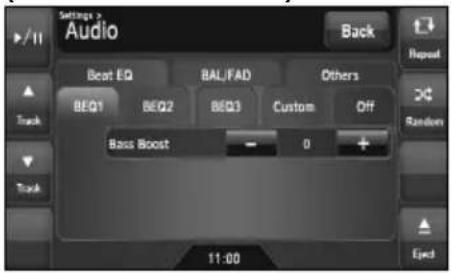 Settings x Audio Back Beat EQ BAL/FAD Others BEQ1 BEQ2 BEQ3 Custom Off Bass Boost - 0 + 11:00 Repeat Random Track Track Eject