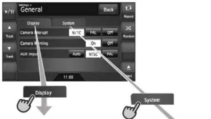 Settings > General Back Display System Camera Interrupt NTSC PAL Off Camera Warning On Off AUX Input Auto NTSC PAL 11:00 Display System