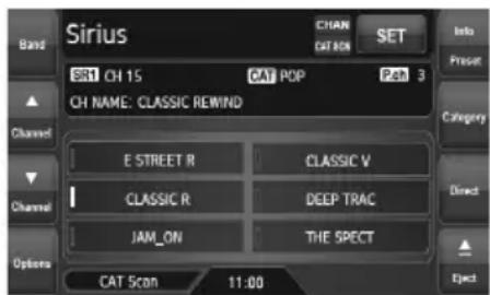 Sirius Band SR1 CH 15 CAT POP Pab 3 Channel CH NAME: CLASSIC REWIND E STREET R CLASSIC R CLASSIC V DEEP TRAC JAM_ON THE SPECT Options CAT Scan 11:00 Status Status Status Status Status Status Status Status Status Status Status Status Status Status Status Status Status Status Status Status Status Status Status Status Status Status Status Status Status Status Status Status Status Status Status Status Status Status Status Status Status Status Status Status Status Status Status Status Status Status Success Present Category Direct Eject