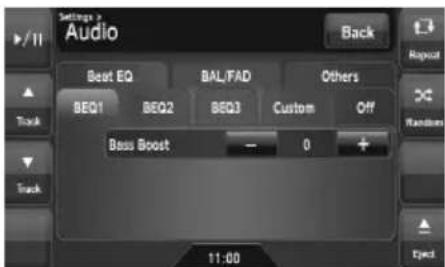Settings > Audio Back Beat EQ BAL/FAD Others BEQ1 BEQ2 BEQ3 Custom Off Bass Boost - 0 + Track Track 11:00