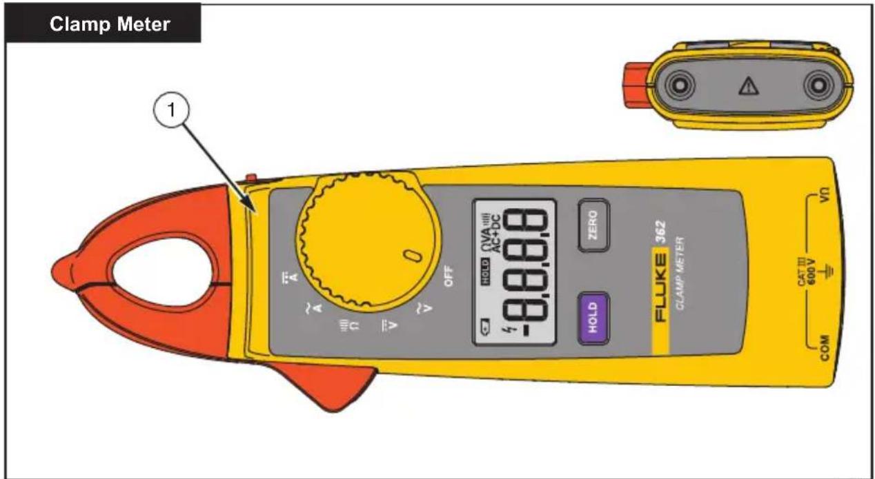 Clamp Meter 1 OFF -0.00.00 HOLD CVA AC+DC ZERO FLUKE 362 CLAMP METER V0 CAT III 600 V COM