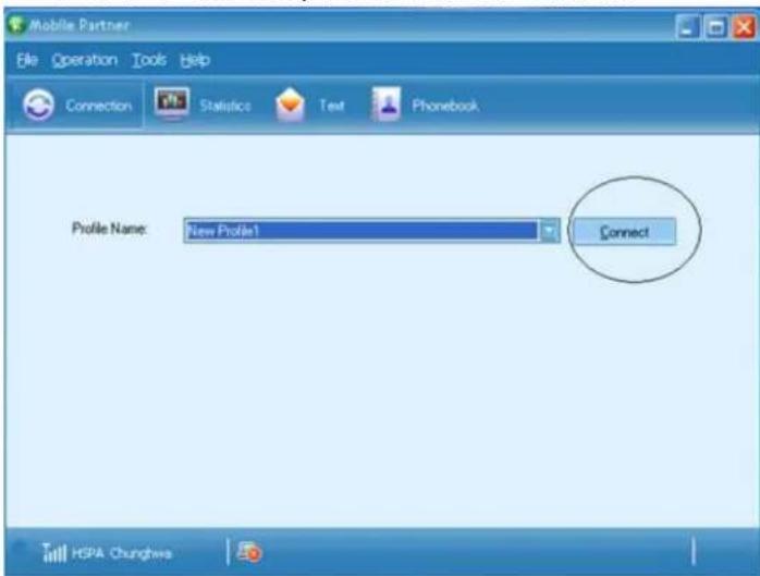 Mobile Partner File Operation Tools Help Connection Statistics Text Phonebook Profile Name: New Profile1 Connect HSPA Chunghwa