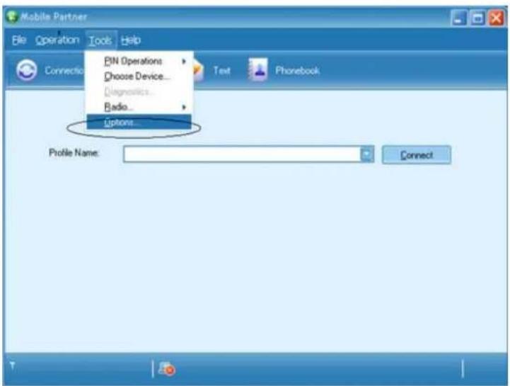 Mobile Partner File Operation Tools Help PIN Operations Choose Device... Diagnostics... Radio... Options... Connect Text Phonebook Profile Name: Connect