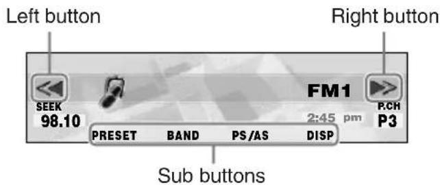 Left button Right button SEEK 98.10 FM1 2:45 pm P.CH P3 PRESET BAND PS/AS DISP Sub buttons