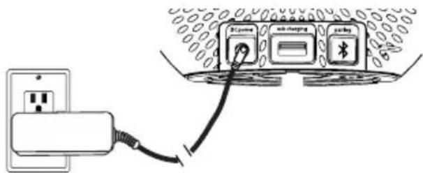 Diagram showing a power outlet connected to a wall-mounted device with labeled buttons including 'PC power', 'web charging', and 'packy'.