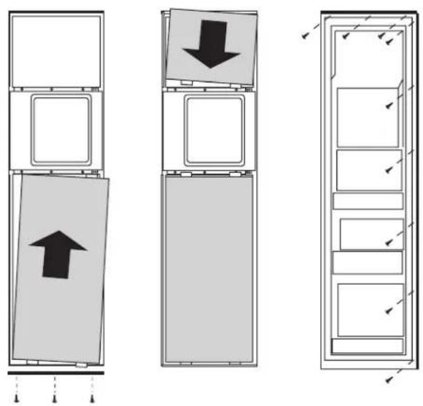 Diagram showing three vertical panels with arrows and a central upward arrow, likely illustrating a directional change or movement in a storage or storage system.