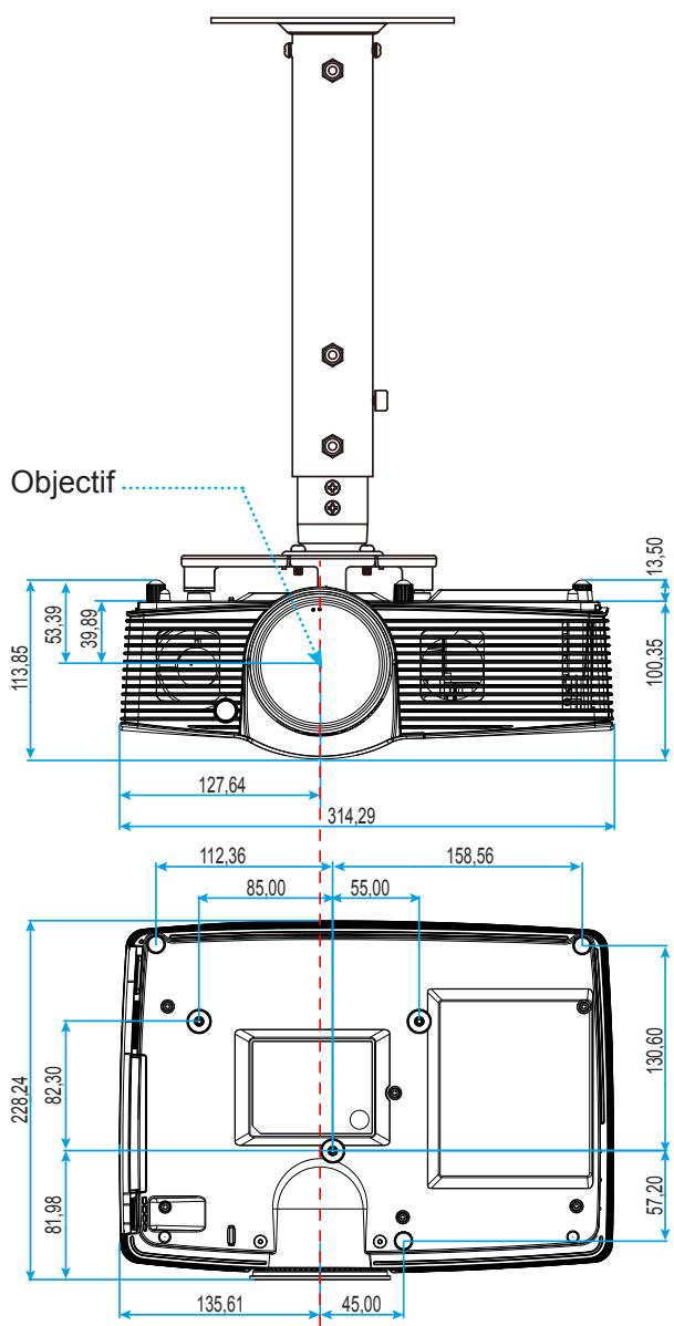 OPTOMA HD39Darbee - Dimensions du projecteur et installation au plafond - 1
