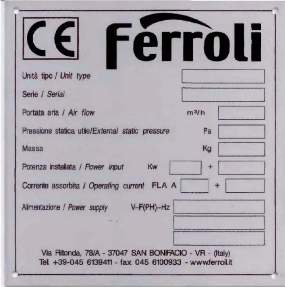 CE Ferroli Unità tipo / Unit type Serie / Serial Portata aria / Air flow m³/h Pressione statica utile/External static pressure Pa Massa Kg Potenza installata / Power input Kw + Corrente assorbita / Operating current FLA A + Alimentazione / Power supply V-F(PH)-Hz Via Ritonda, 78/A - 37047 SAN BONIFACIO - VR - (Italy) Tel. +39-045 6139411 - fax 045 6100933 - www.ferroil.it