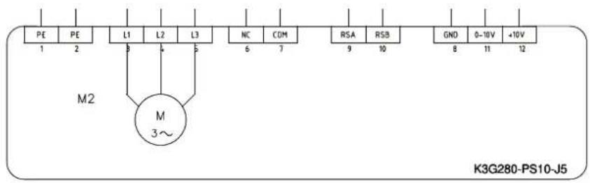 PE PE L1 L2 L3 NC COM RSA RSB GND 0-10V +10V 1 2 3 4 5 6 7 9 10 8 11 12 M2 M 3~ K3G280-PS10-J5