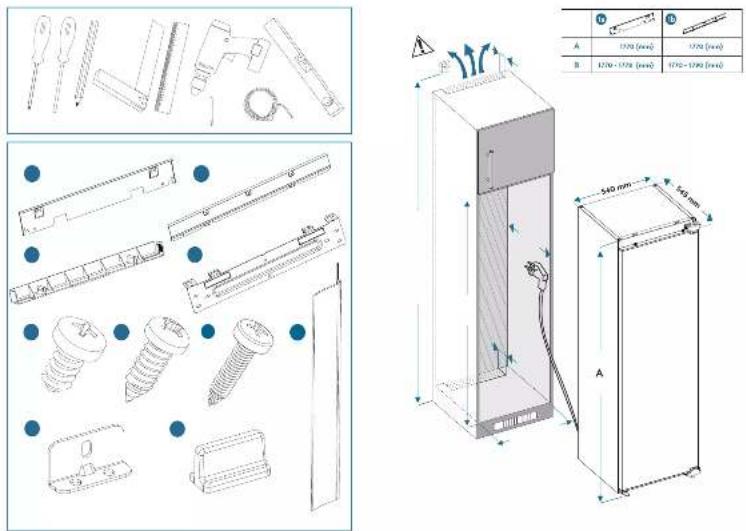 Technical diagram showing exploded view and 3D model of a refrigerator with labeled parts and dimensions
