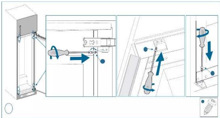 Technical diagram showing mechanical assembly steps with labeled components and directional arrows indicating motion or movement.