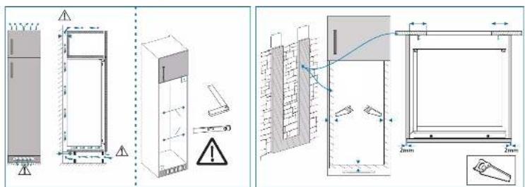 Technical diagram showing structural components and dimensions of a cabinet or enclosure, including front, side, and top views with annotations and warning symbols.