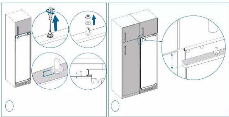Technical diagram showing two views of a refrigerator with labeled parts and directional arrows indicating assembly or installation steps.