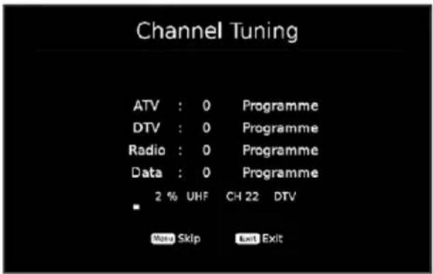 Channel Tuning ATV : 0 Programme DTV : 0 Programme Radio : 0 Programme Data : 0 Programme 2 % UHF CH 22 DTV Word Skip Exit Exit