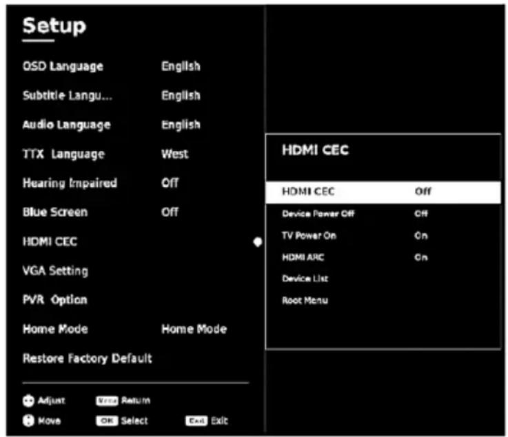 Setup OSD Language English Subtitle Langu... English Audio Language English TTX Language West Hearing Impaired Off Blue Screen Off HDMI CEC VGA Setting PVR Option Home Mode Home Mode Restore Factory Default Adjust Return Move OK Select Cad Exit HDMI CEC Off Device Power Off Off TV Power On On HDMI A…