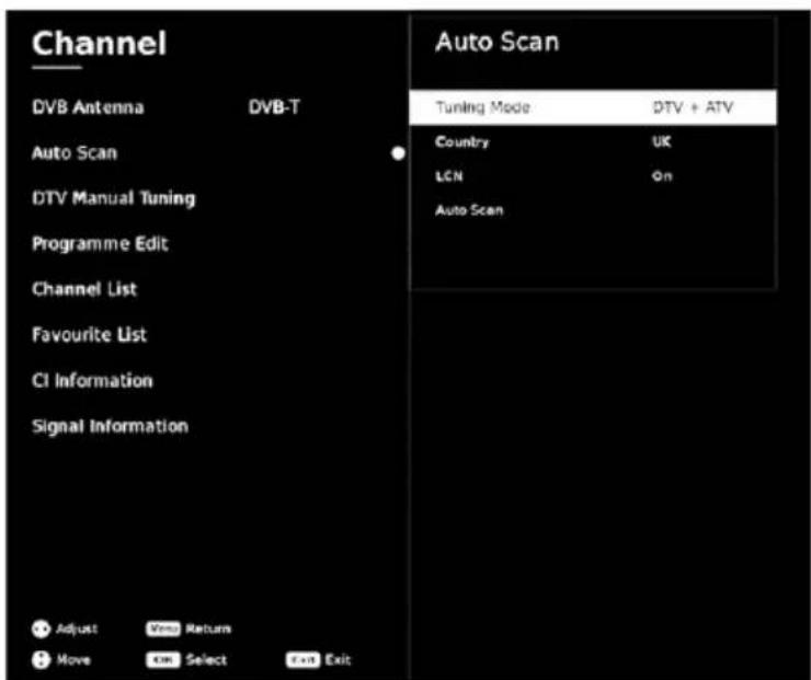 Channel DVB Antenna DVB-T Auto Scan DTV Manual Tuning Programme Edit Channel List Favourite List CI Information Signal Information Adjust Return Move Select Exit Exit Auto Scan Tuning Mode DTV + ATV Country UK LCN On Auto Scan