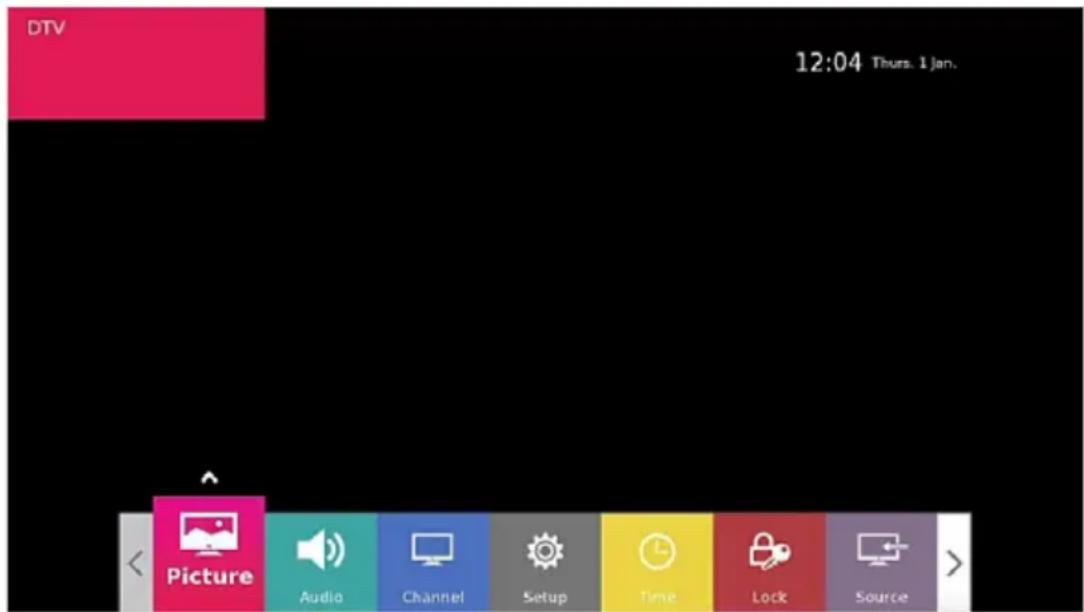 DTV 12:04 Thurs. 1 Jan. Picture Audio Channel Setup Time Lock Source