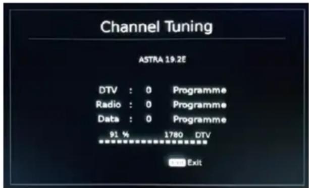 Channel Tuning ASTRA 19.2E DTV : 0 Programme Radio : 0 Programme Data : 0 Programme 91 % 1780 DTV Exit