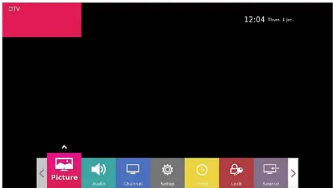 DTV 12:04 Thurs. 1 Jan. Picture Audio Channel Setup Time Lock Source