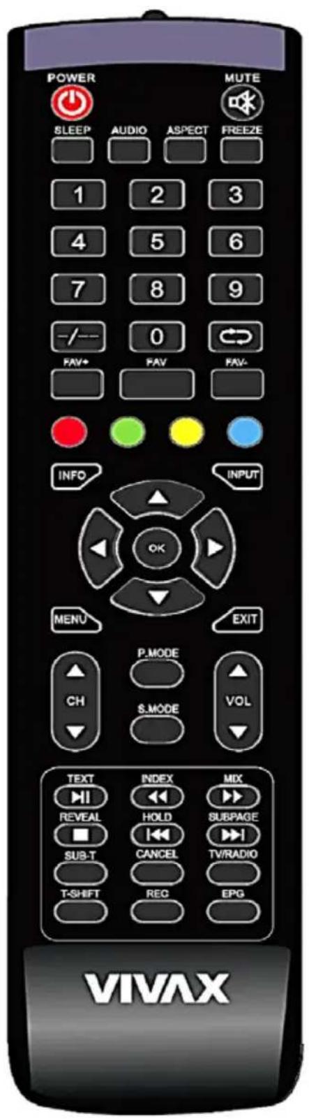 POWER SLEEP AUDIO ASPECT FREEZE 1 2 3 4 5 6 7 8 9 -/- 0 FAV+ FAV FAV- INFO INPUT OK MENU EXIT P.MODE CH S.MODE VOL TEXT INDEX MIX REVEAL HOLD SUBPAGE SUB-T CANCEL TV/RADIO T-SHIFT REC EPG VIVAX